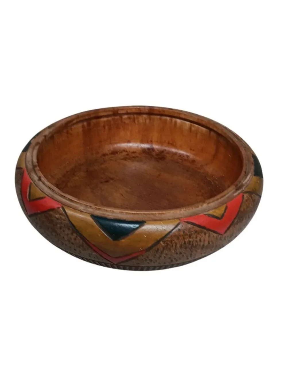 Primitive Ethnic Hand Carved Hand Painted Wooden Bowl Geometric Triangular 6.5
